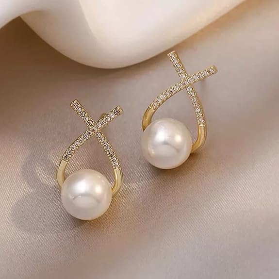 Korean Studded Cross Pearl Stud Earrings